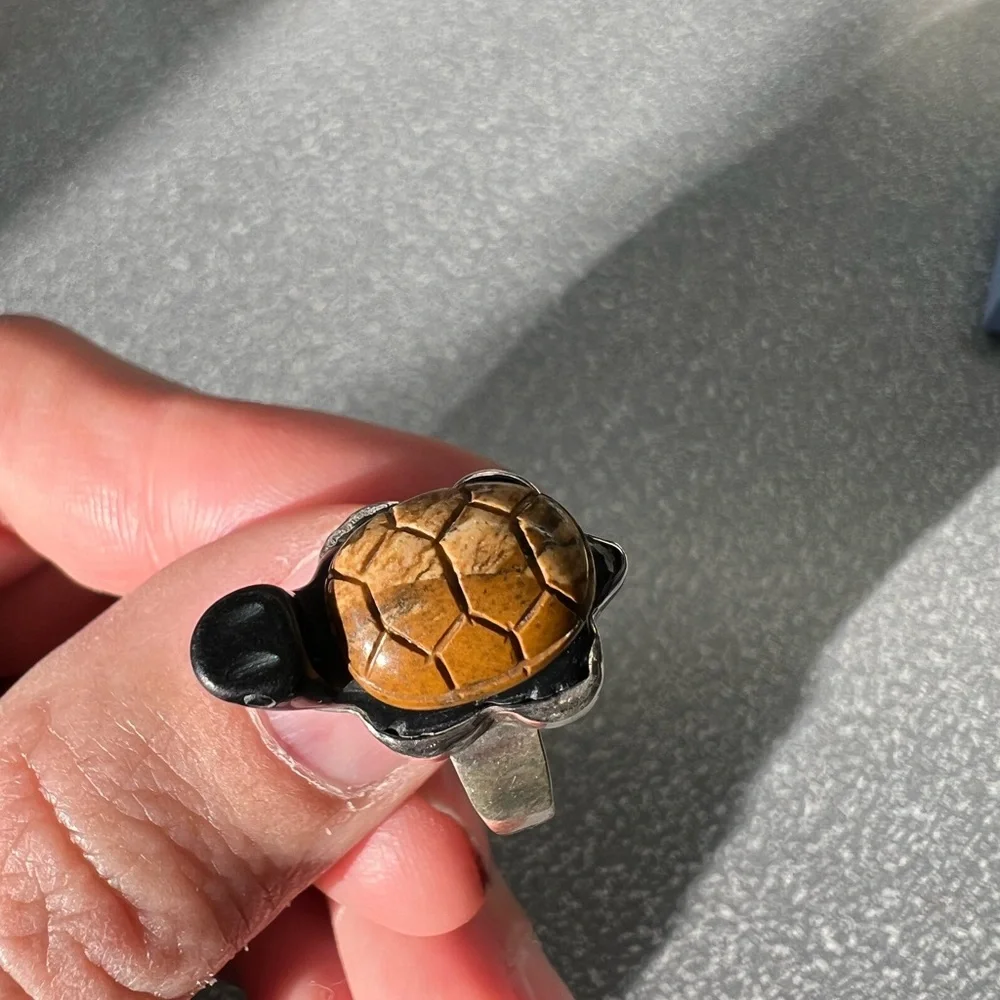 Wood turtle ring with sterling silver band, roughly size 7 3/4 - Picture 9 of 13
